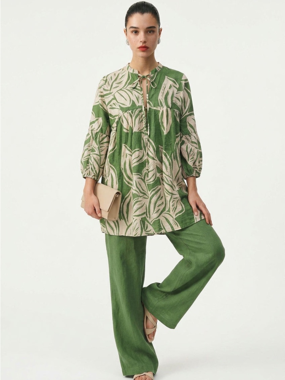 Zara Green Leaf-Print Tie-Neck Tunic
